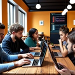 ** "A diverse group of people learning blockchain programming on laptops at a cafe, modern and collaborative environment."

**