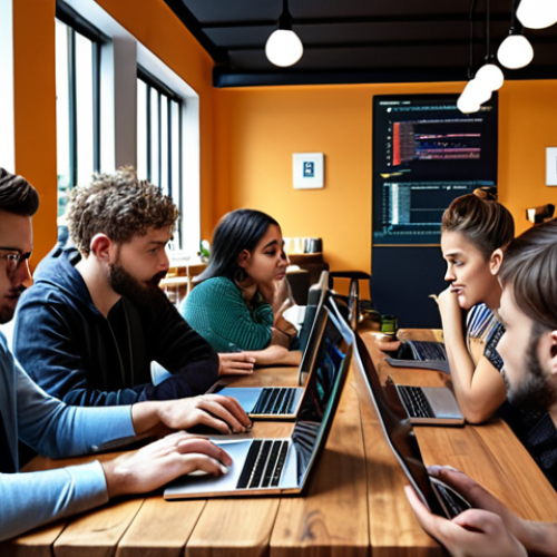 ** "A diverse group of people learning blockchain programming on laptops at a cafe, modern and collaborative environment."

**