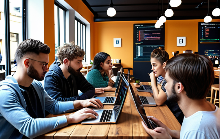 ** "A diverse group of people learning blockchain programming on laptops at a cafe, modern and collaborative environment."

**