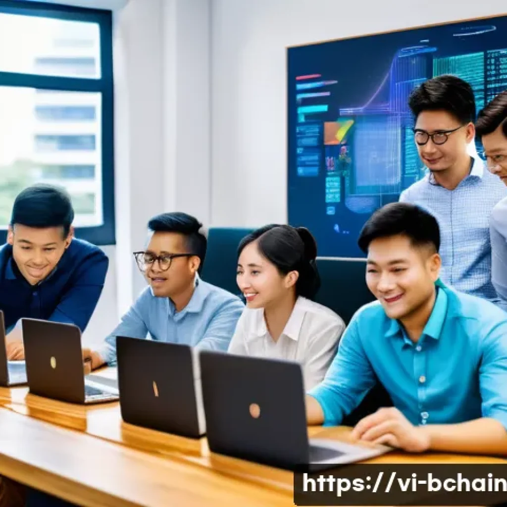 블록체인 개발을 위한 Git 활용법 - A modern Vietnamese blockchain development team collaborating in a bright, tech-savvy office, multip...