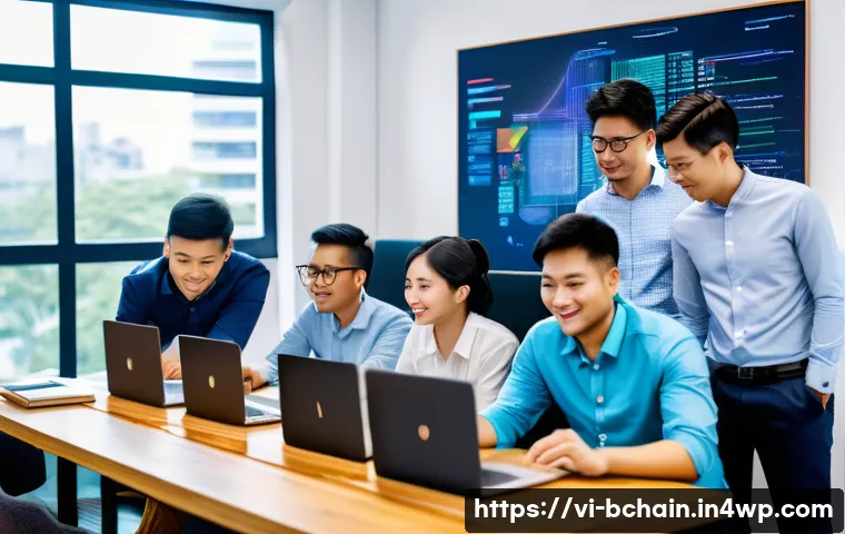 블록체인 개발을 위한 Git 활용법 - A modern Vietnamese blockchain development team collaborating in a bright, tech-savvy office, multip...