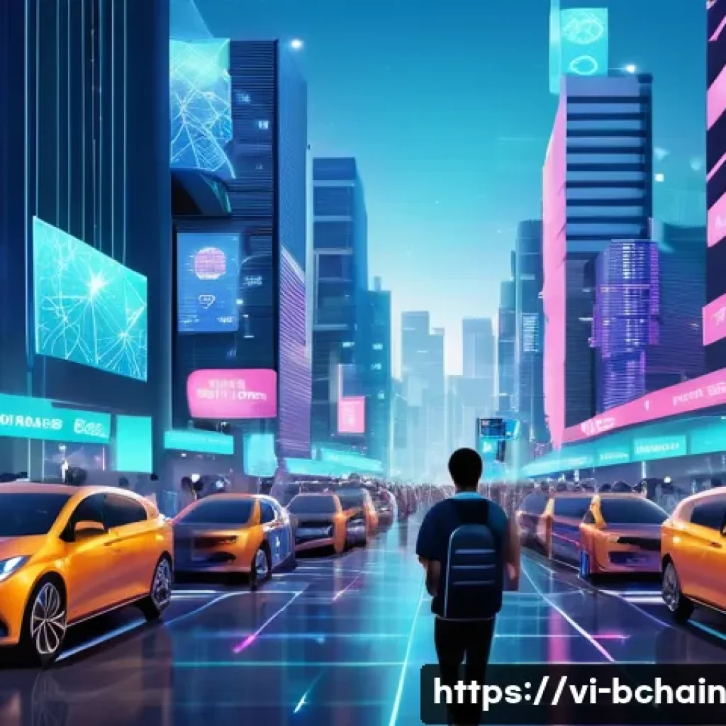 블록체인 기반의 분산 애플리케이션 DApp 이해 - A futuristic Vietnamese urban scene showcasing diverse users interacting seamlessly with decentraliz...