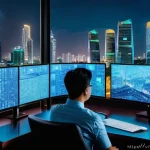Home 21 블록체인 프로젝트의 성공 요소 분석 - A detailed futuristic blockchain development office in Ho Chi Minh City, Vietnam, showcasing a diver...