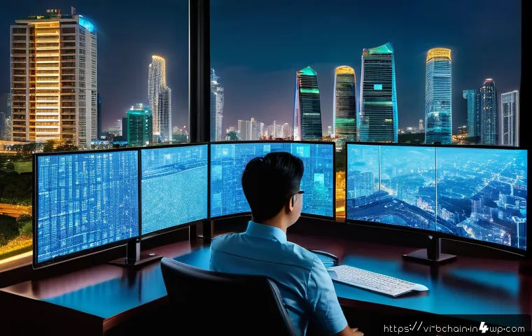 블록체인 프로젝트의 성공 요소 분석 - A detailed futuristic blockchain development office in Ho Chi Minh City, Vietnam, showcasing a diver...