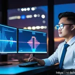 Home 18 블록체인 트랜잭션의 처리 과정 - A futuristic digital workspace showing a Vietnamese cryptocurrency trader at a sleek desk with multi...