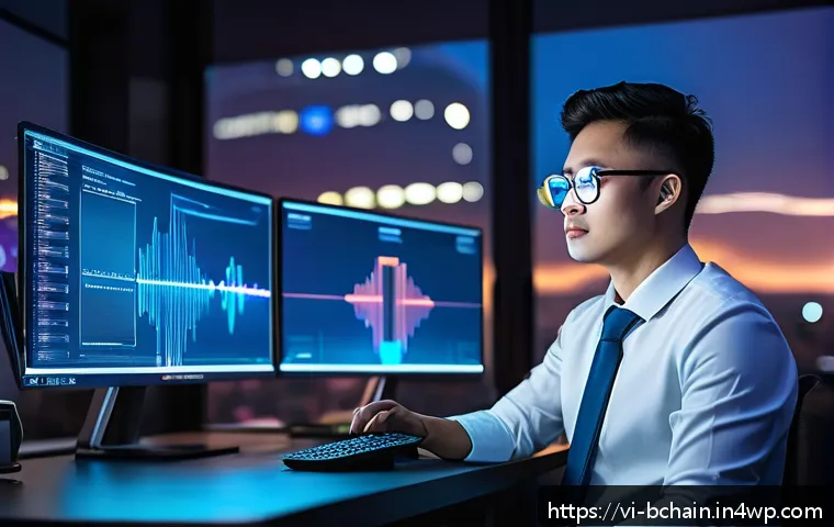 블록체인 트랜잭션의 처리 과정 - A futuristic digital workspace showing a Vietnamese cryptocurrency trader at a sleek desk with multi...