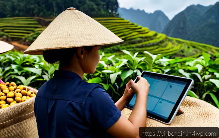 Home 17 블록체인 기술의 활용 가능한 사례 모음 - Photorealistic scene of a Vietnamese coffee cooperative using blockchain traceability, a farmer in a...