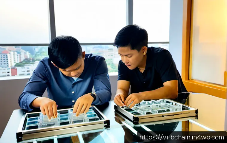 Home 17 블록체인 프로토콜의 종류와 특징 - Photorealistic modern fintech workspace in Ho Chi Minh City, Vietnamese young professional comparing...