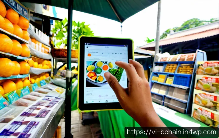 Home 17 블록체인 기술의 응용 분야 분석 - Photorealistic Vietnamese small business owner at a clean market stall in Ho Chi Minh City, using a ...